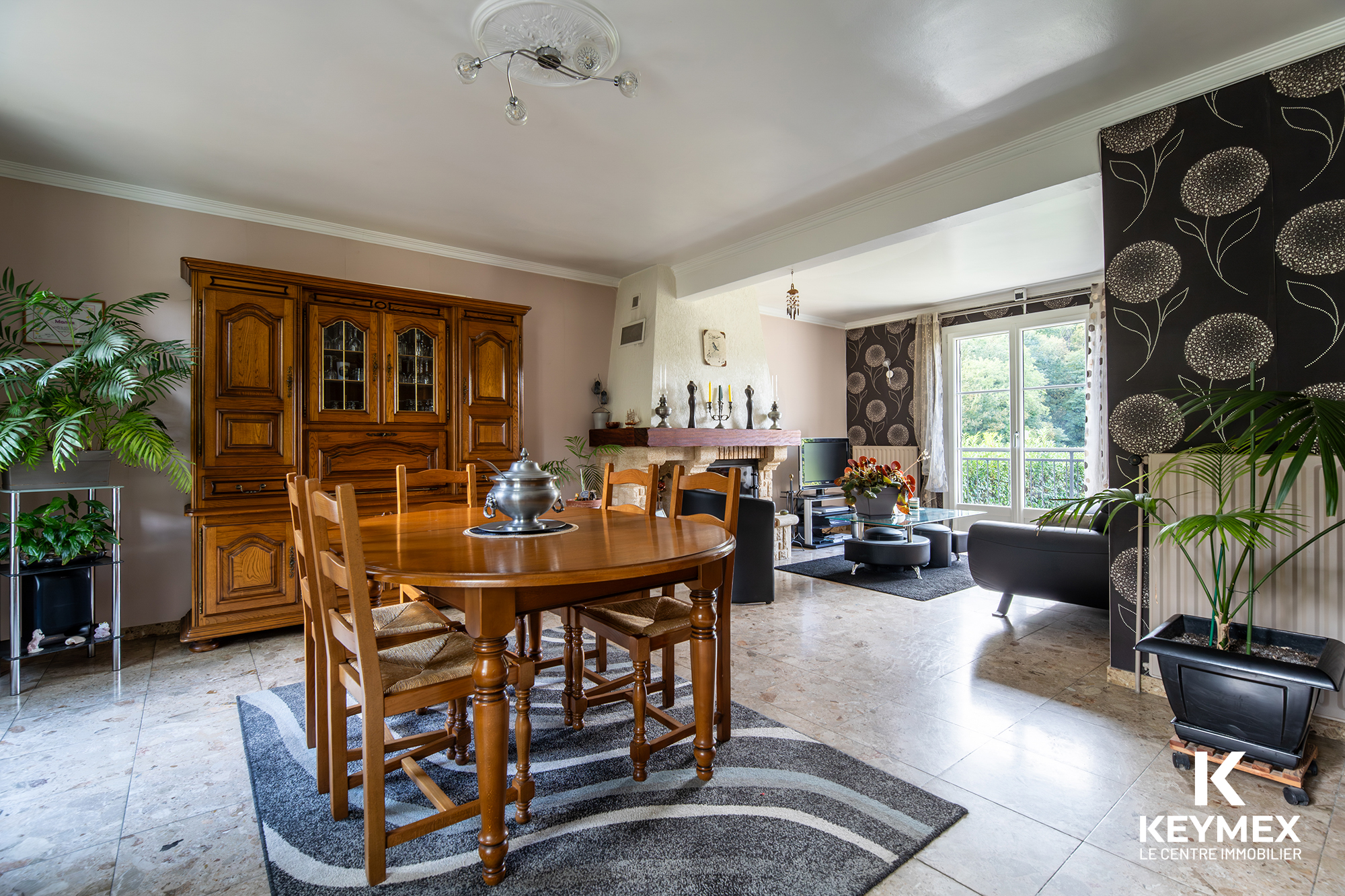 Salle à manger avec mobilier en bois et plantes.