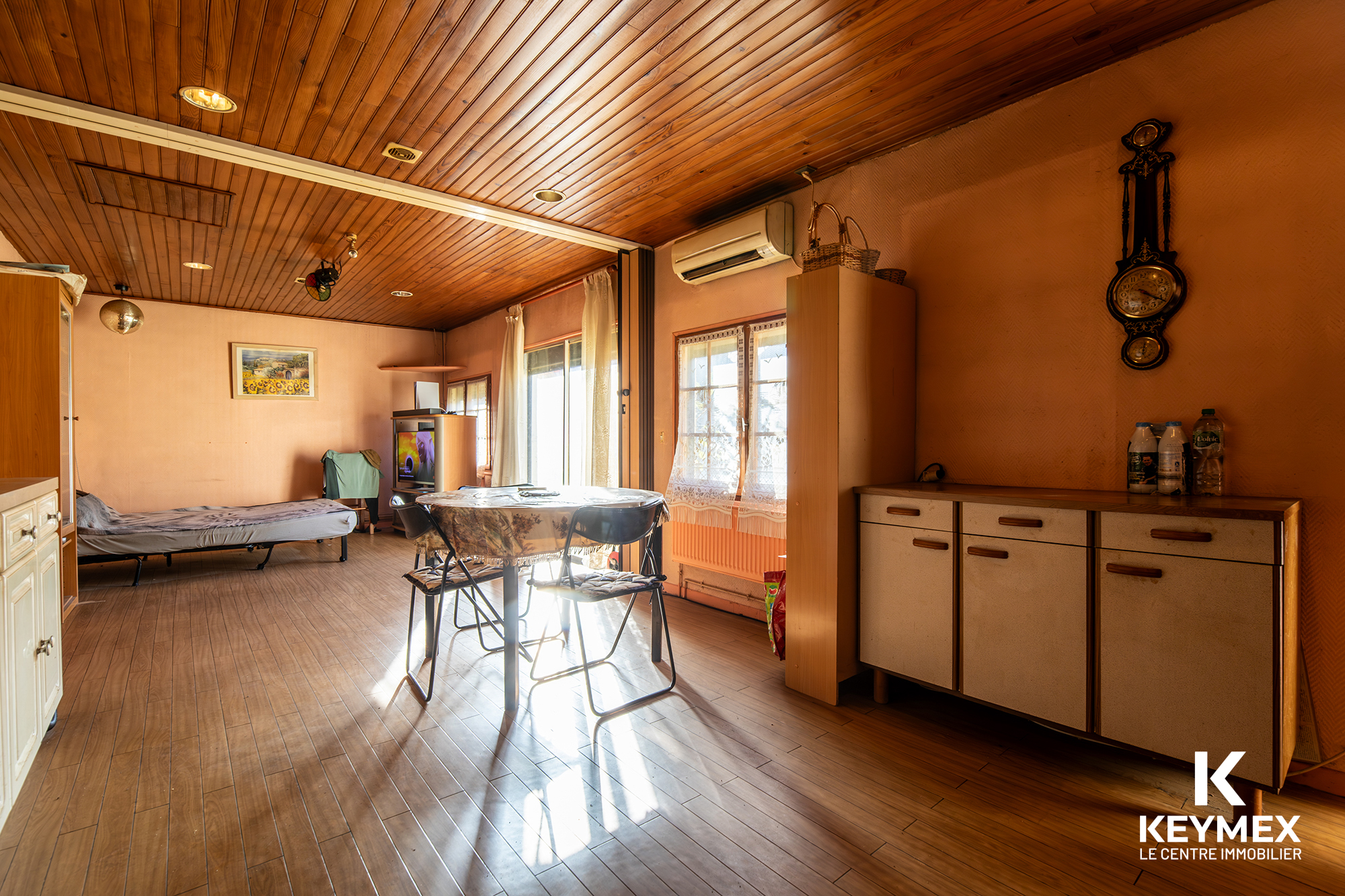 Salon lumineux avec meubles et parquet.