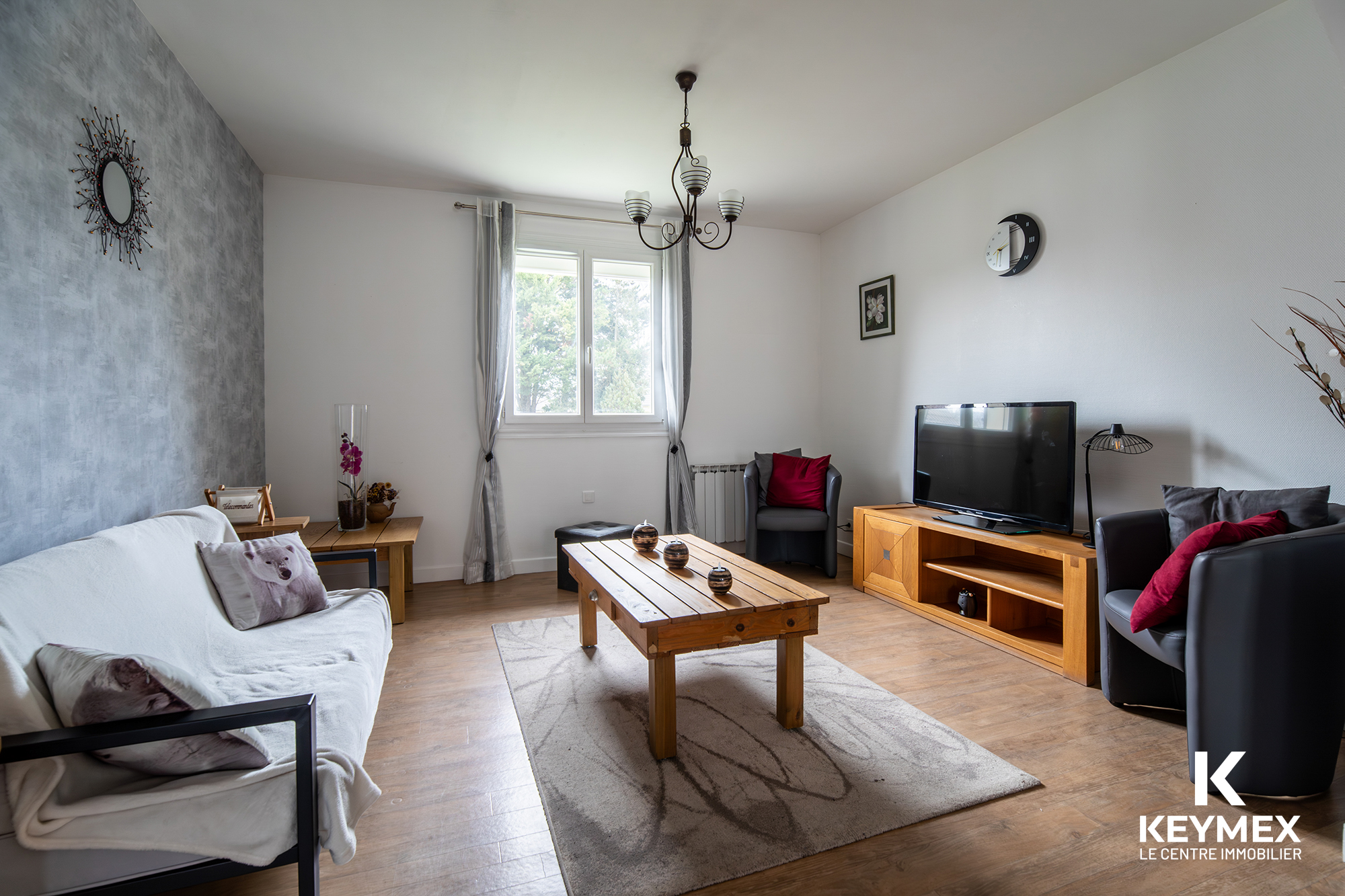 Salon moderne avec mobilier en bois, télévision et canapé.