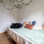 Chambre avec lit et coussin chat noir.