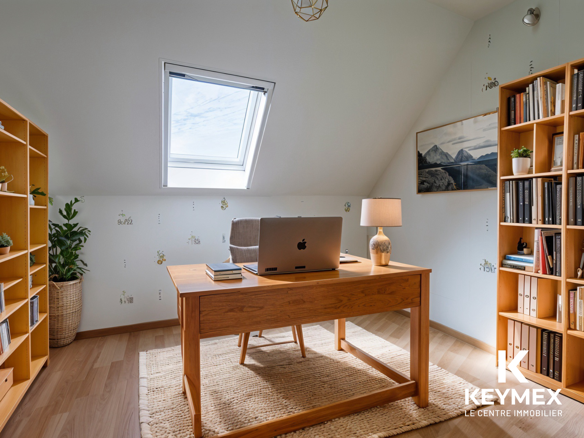 Bureau lumineux avec étagères et ordinateur portable