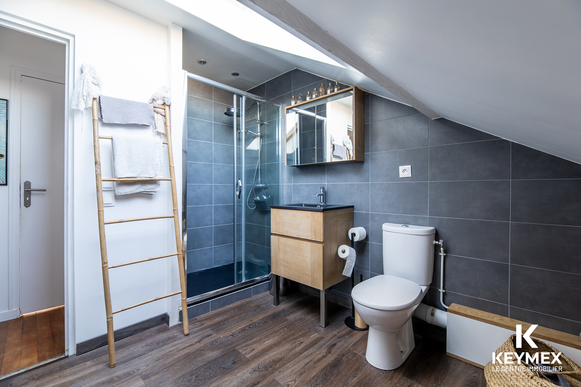 Salle de bains moderne avec douche et toilettes.