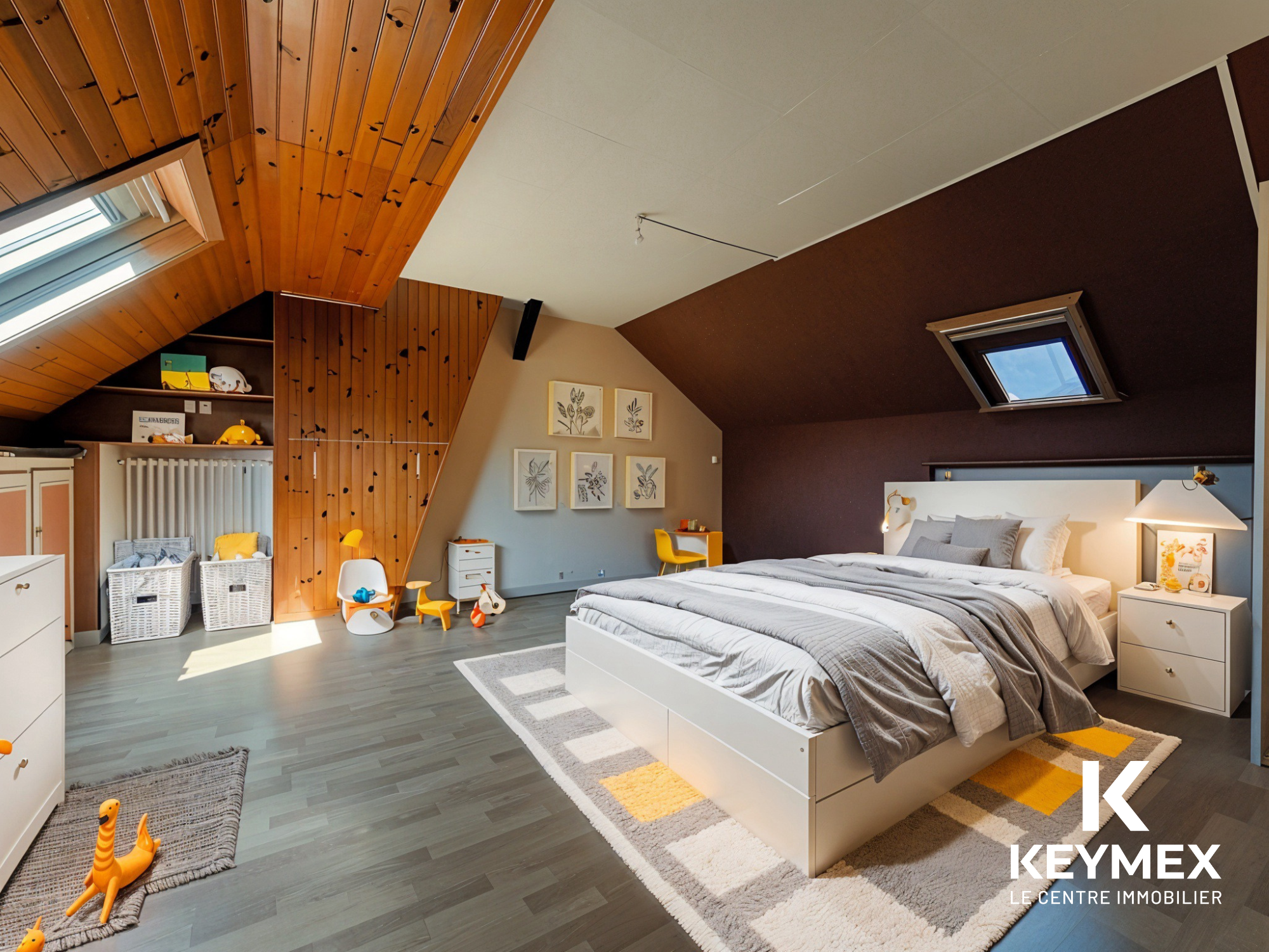 Chambre moderne avec plafond en bois incliné