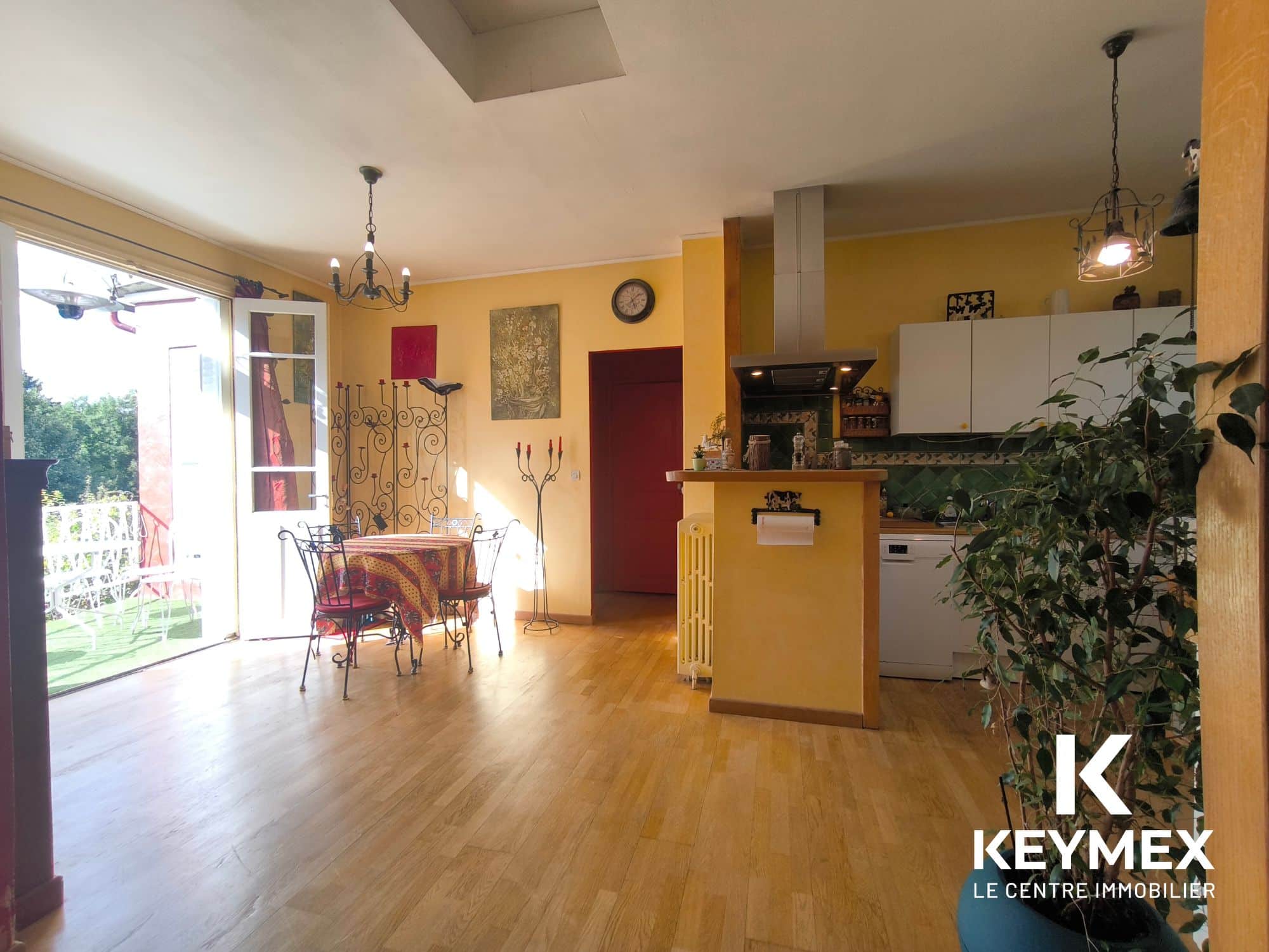 Cuisine ouverte avec lumière naturelle et décor chaleureux.
