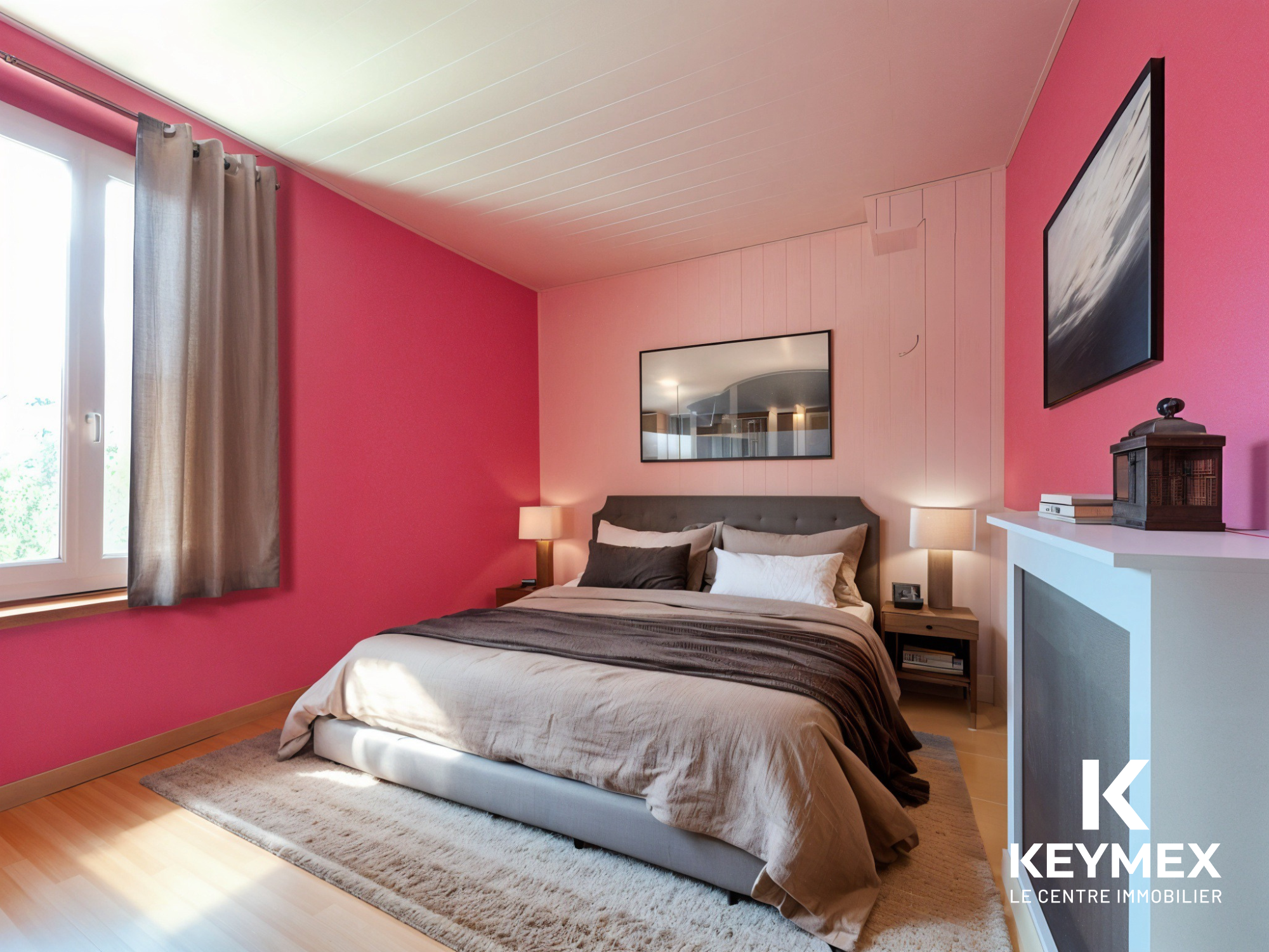 Chambre moderne avec murs roses et lit double.