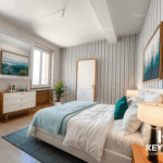 Chambre moderne avec lit et décoration élégante.