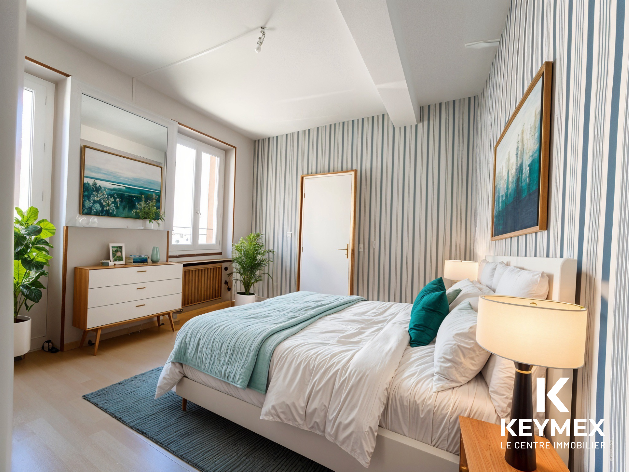 Chambre moderne avec lit et décoration élégante.