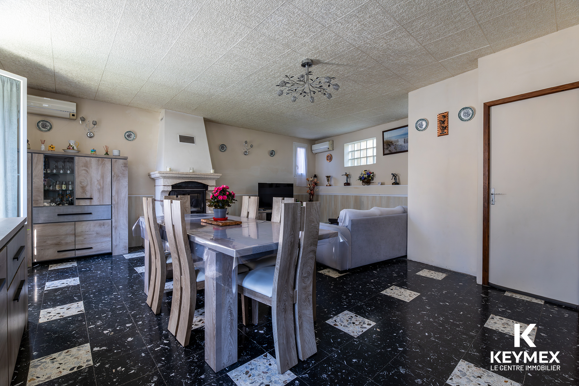 Salle à manger spacieuse avec cheminée moderne.
