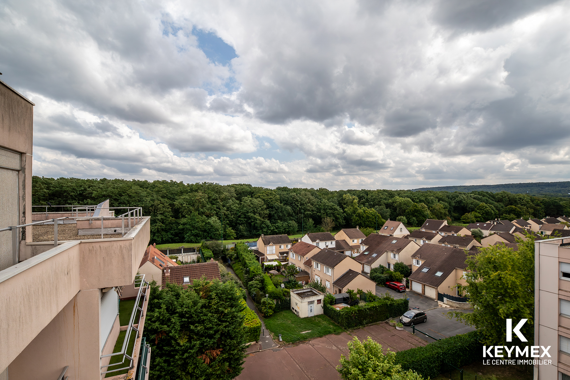 Vue aérienne de maisons et arbres sous ciel nuageux.