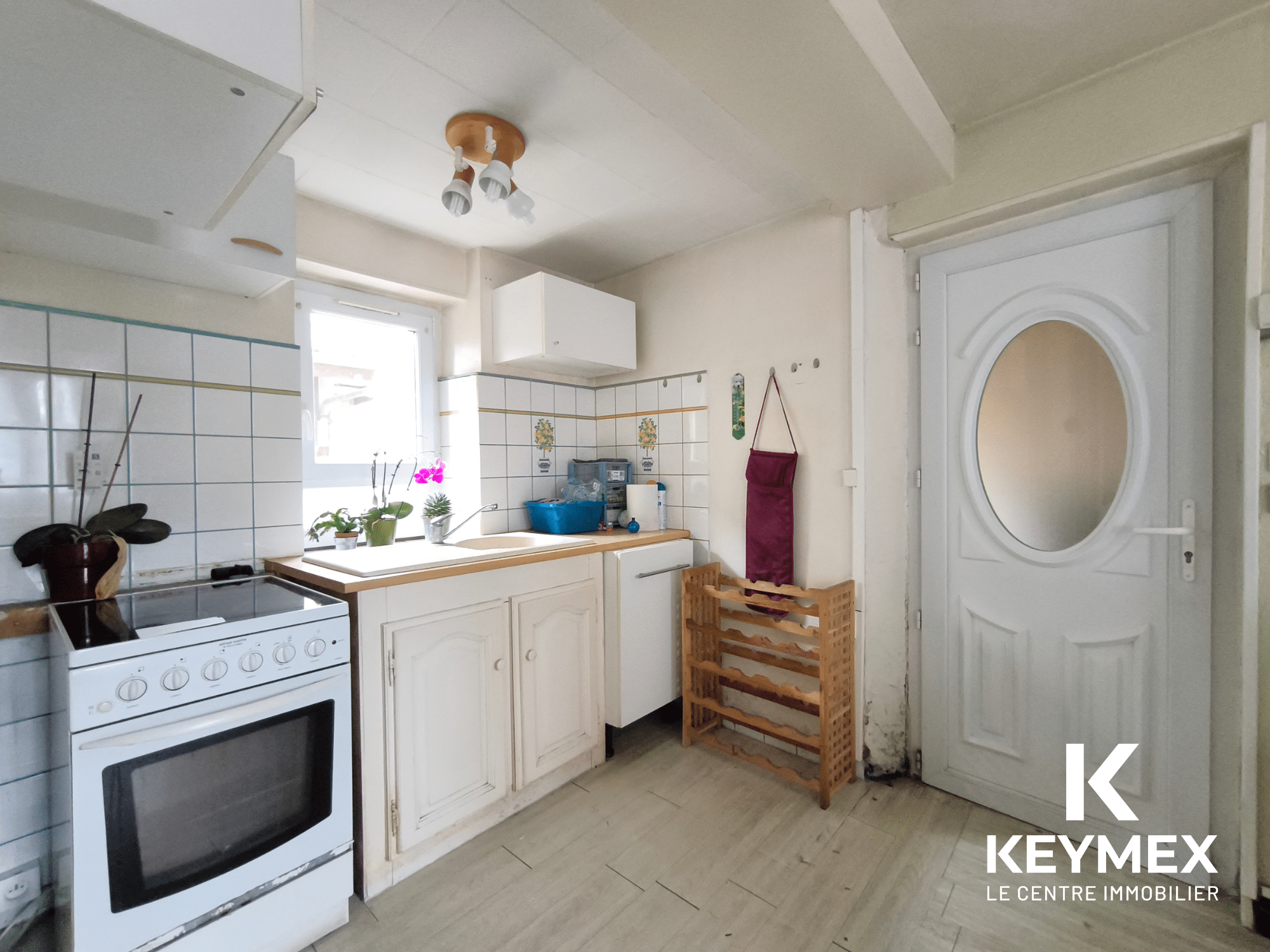 Cuisine lumineuse avec four et plantes sur comptoir