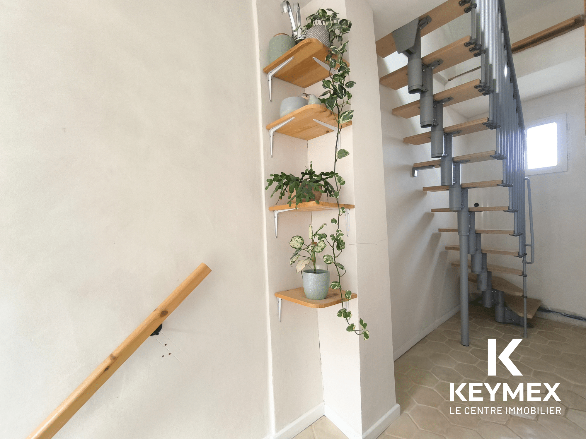 Escalier moderne avec plantes vertes et étagères.