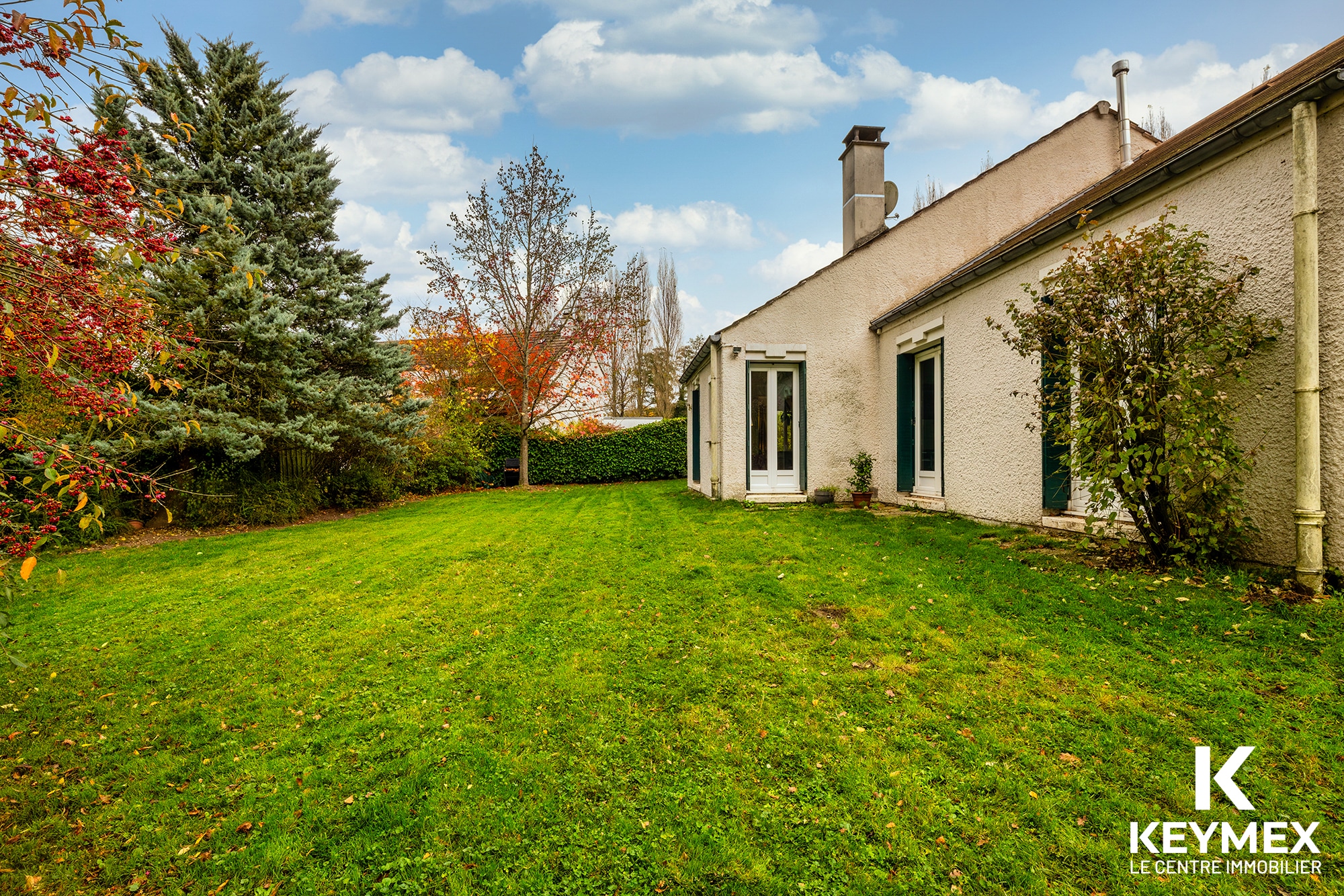 Jardin avec maison, arbres et ciel nuageux.