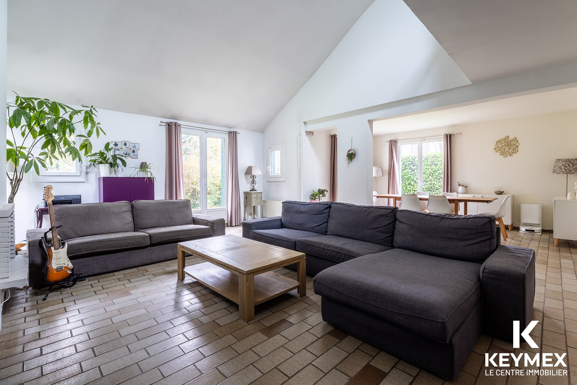 Salon lumineux avec canapés gris et table basse.