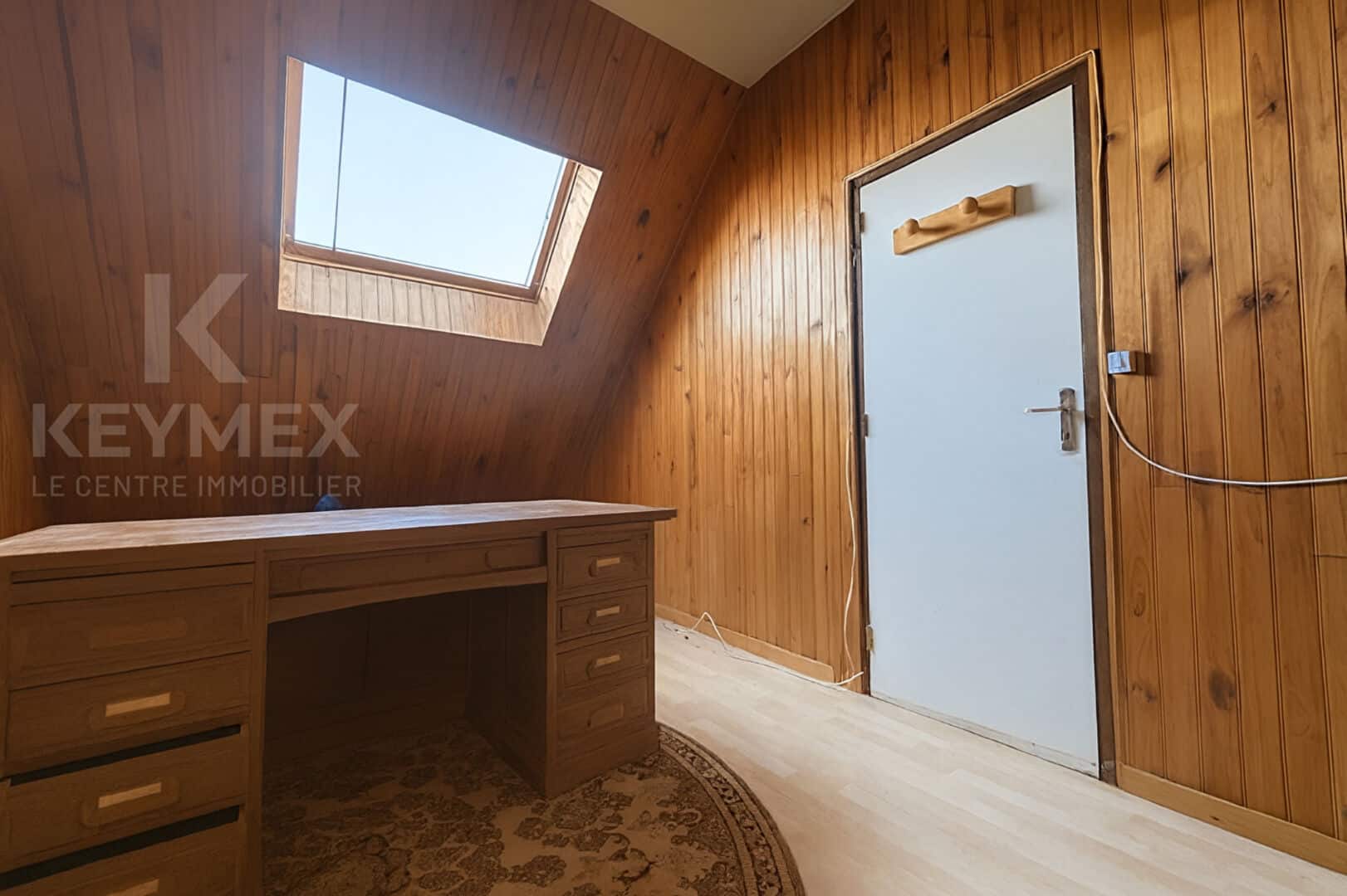 Bureau mansardé avec fenêtre de toit et parquet.