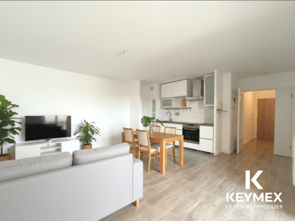 Salon moderne avec cuisine ouverte et télé.